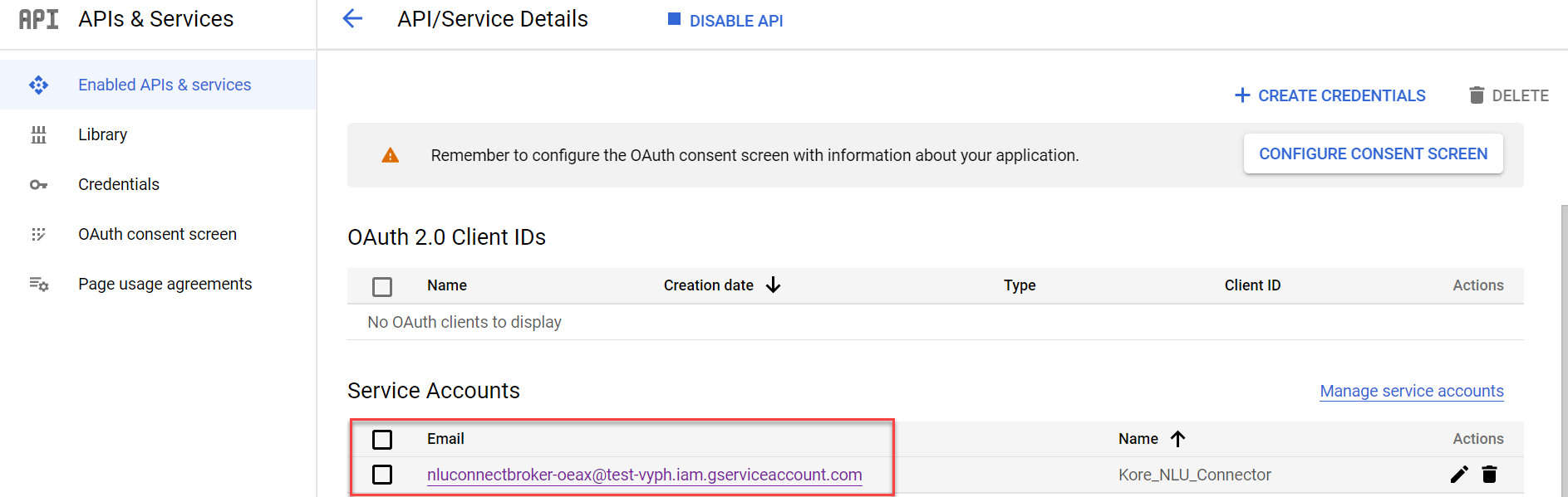 Click on the Service account