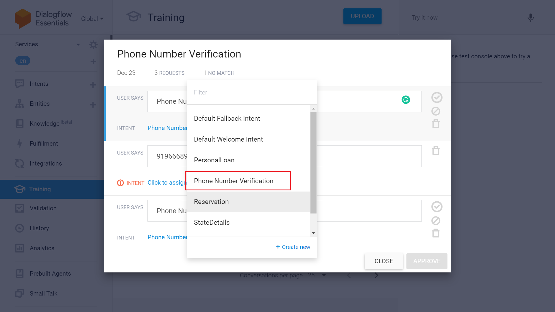 Go to Training and enter Intent name