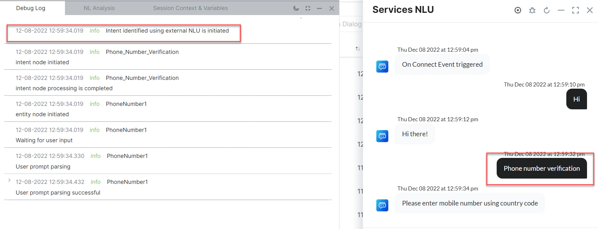 Debug Log - intent identified using External NLU is initiated