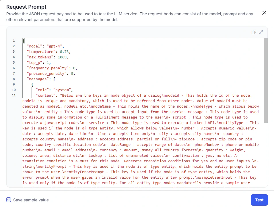Custom LLM test payload