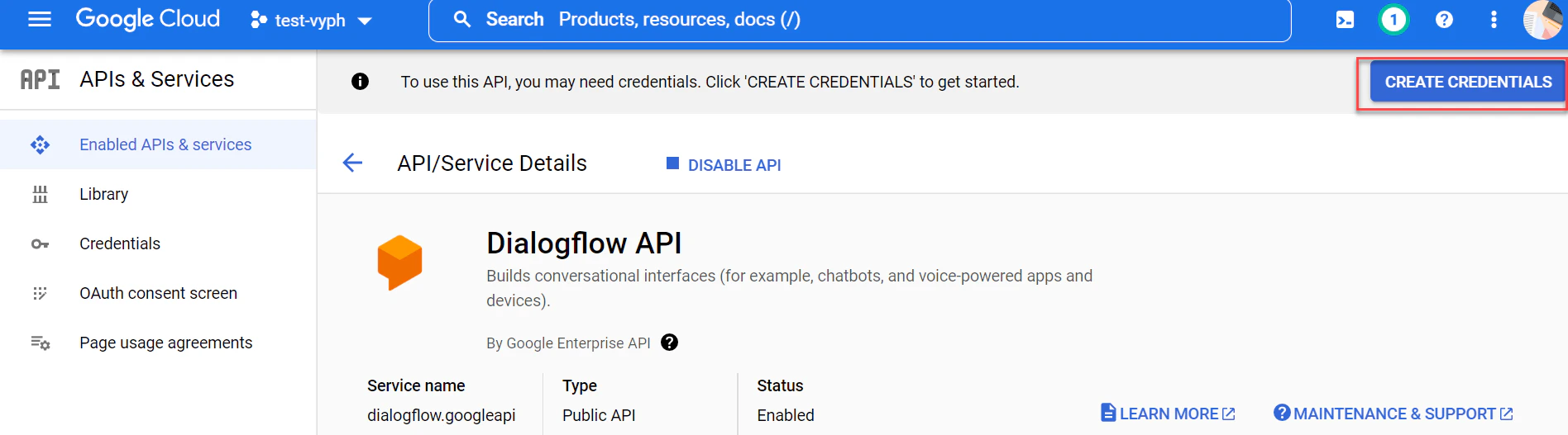 Click 'Create Credentials'