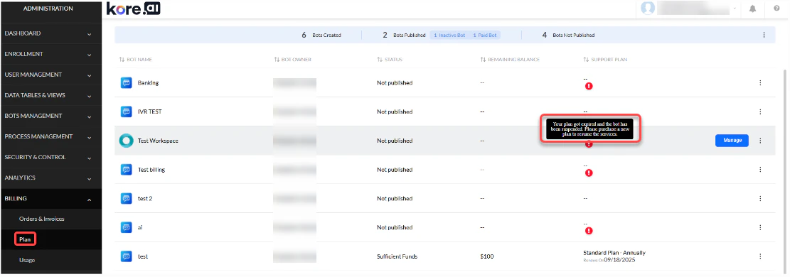 Plan and Usage information