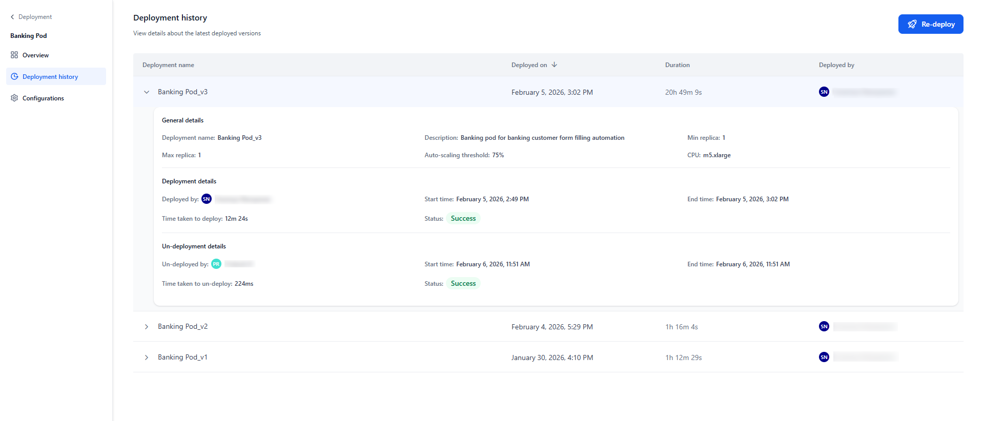 Deployment history