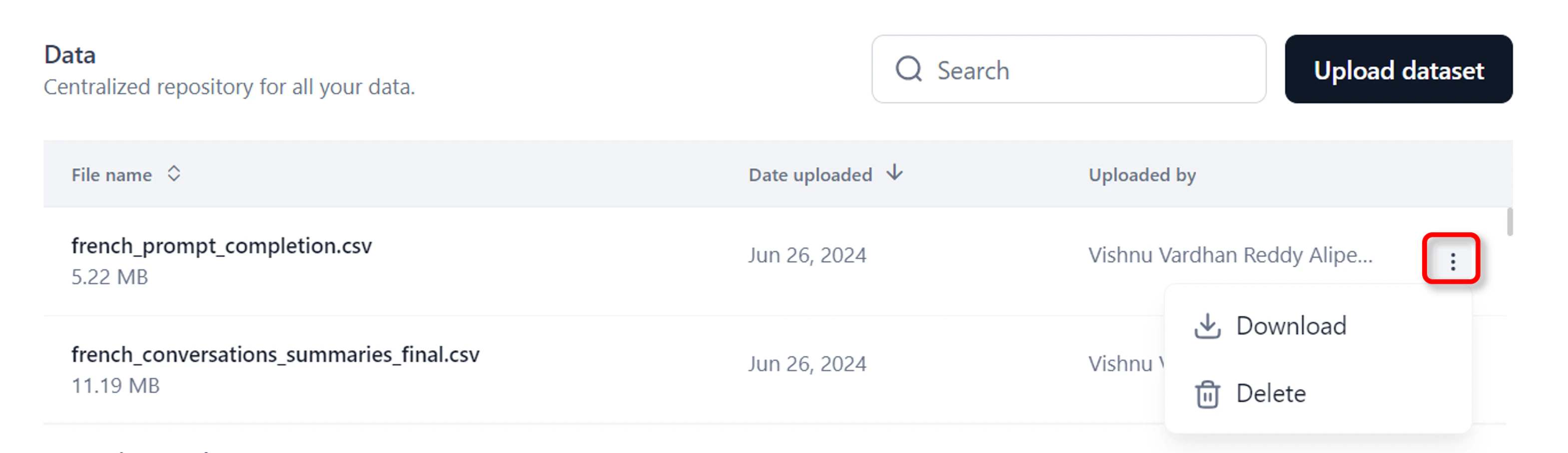 Download or delete a dataset