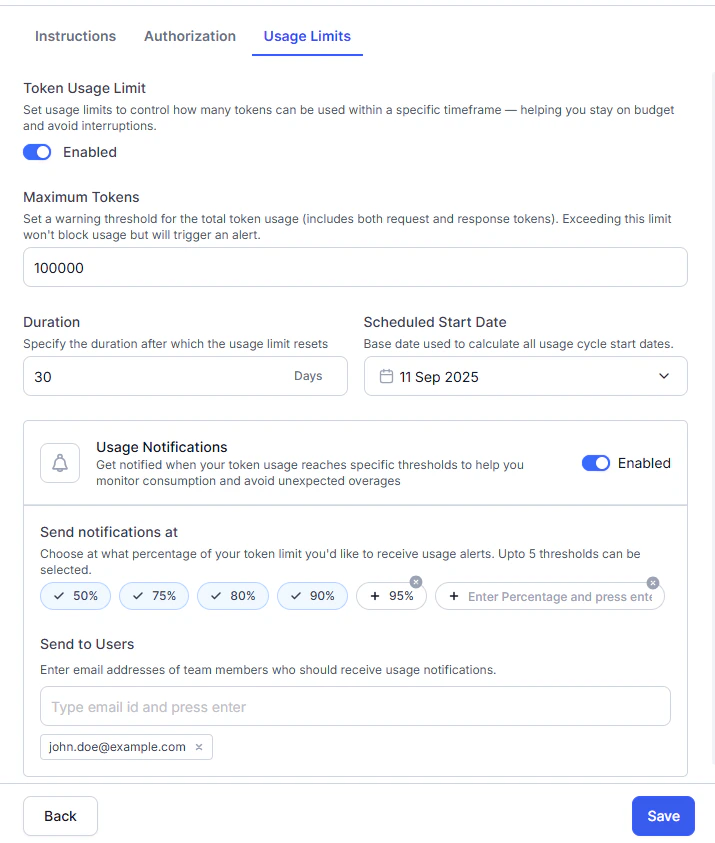 Token usage limit configuration