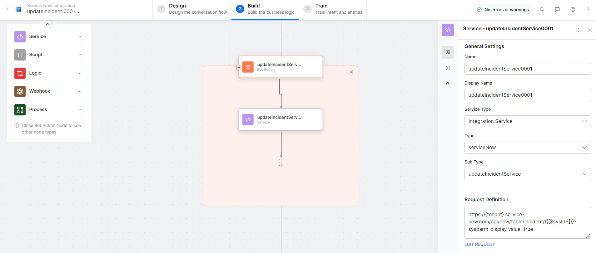 updateIncidentService bot action component properties