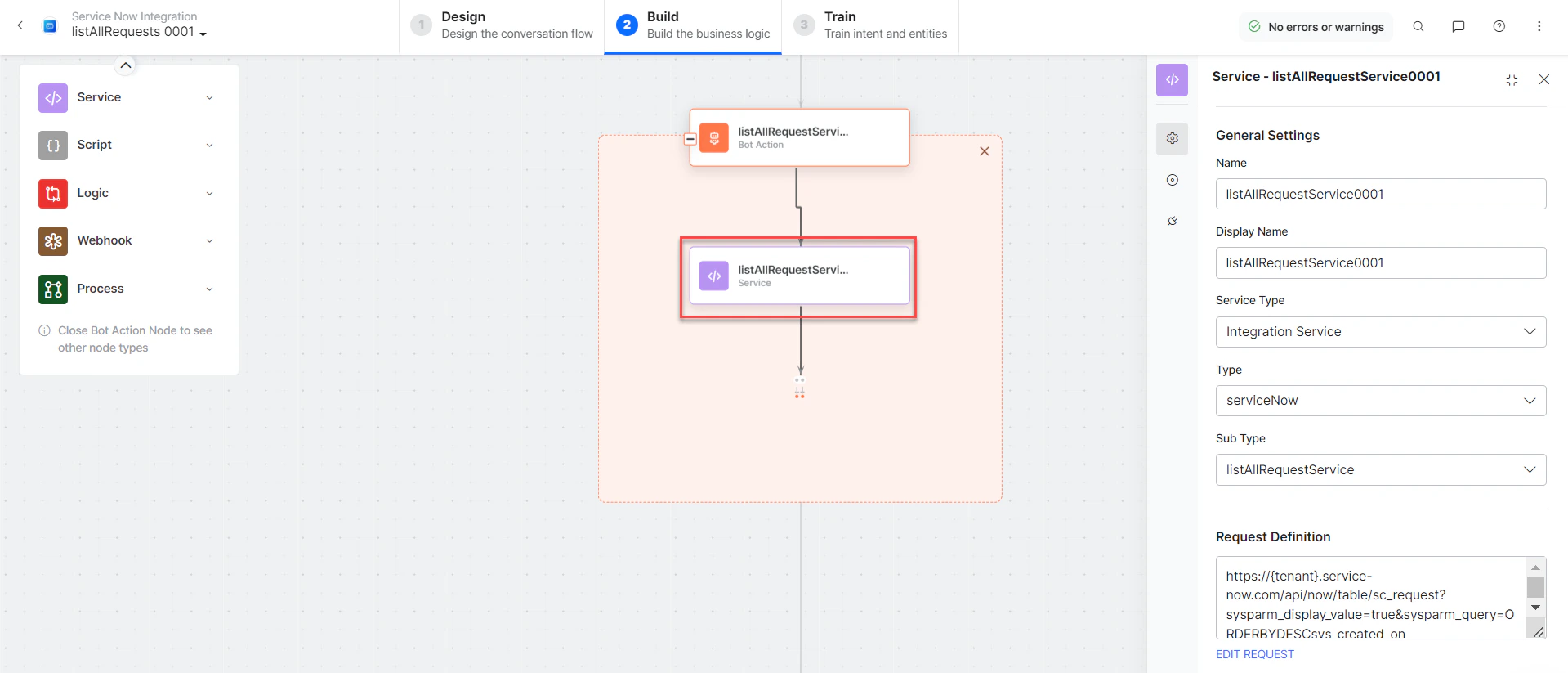 listAllRequestService bot action component properties