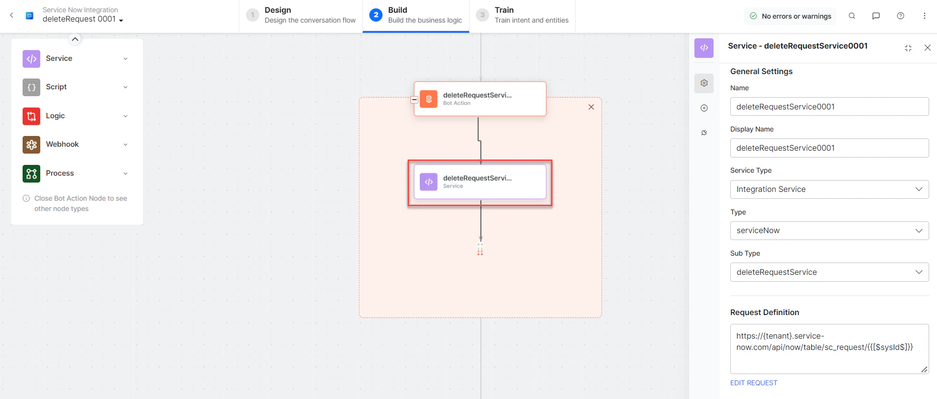 deleteRequestService bot action component properties