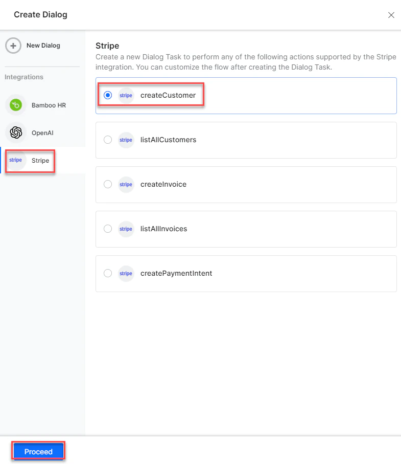 Select desired dialog task and proceed