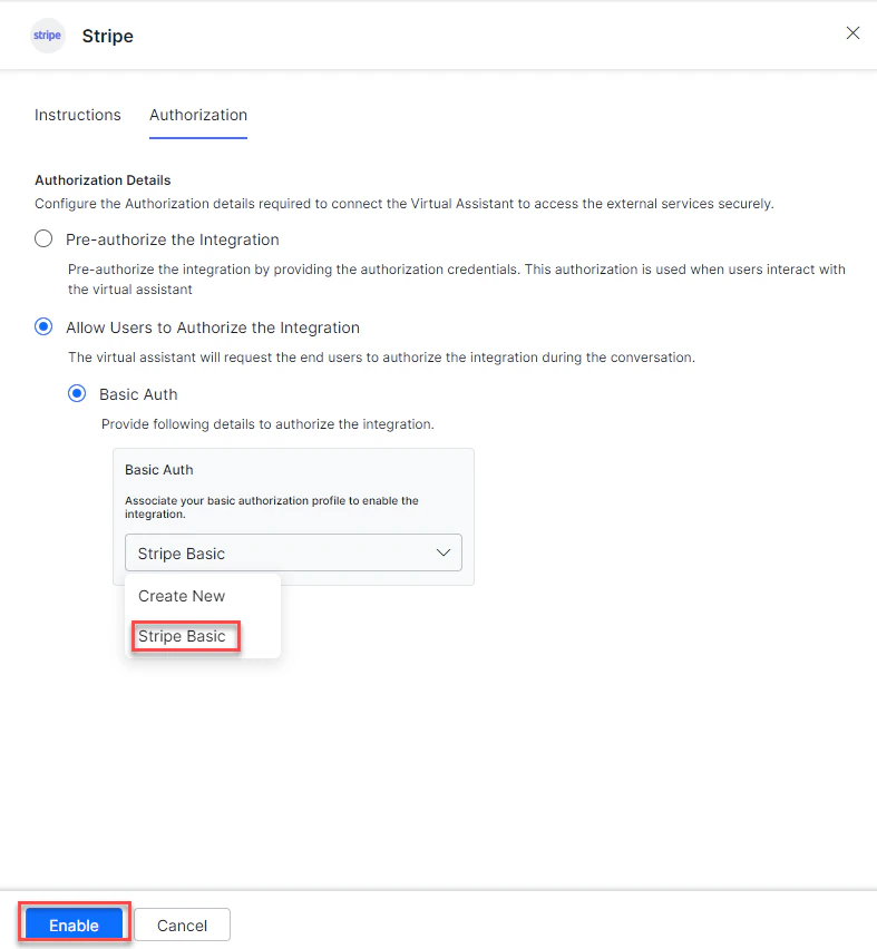 Select auth profile to complete integration