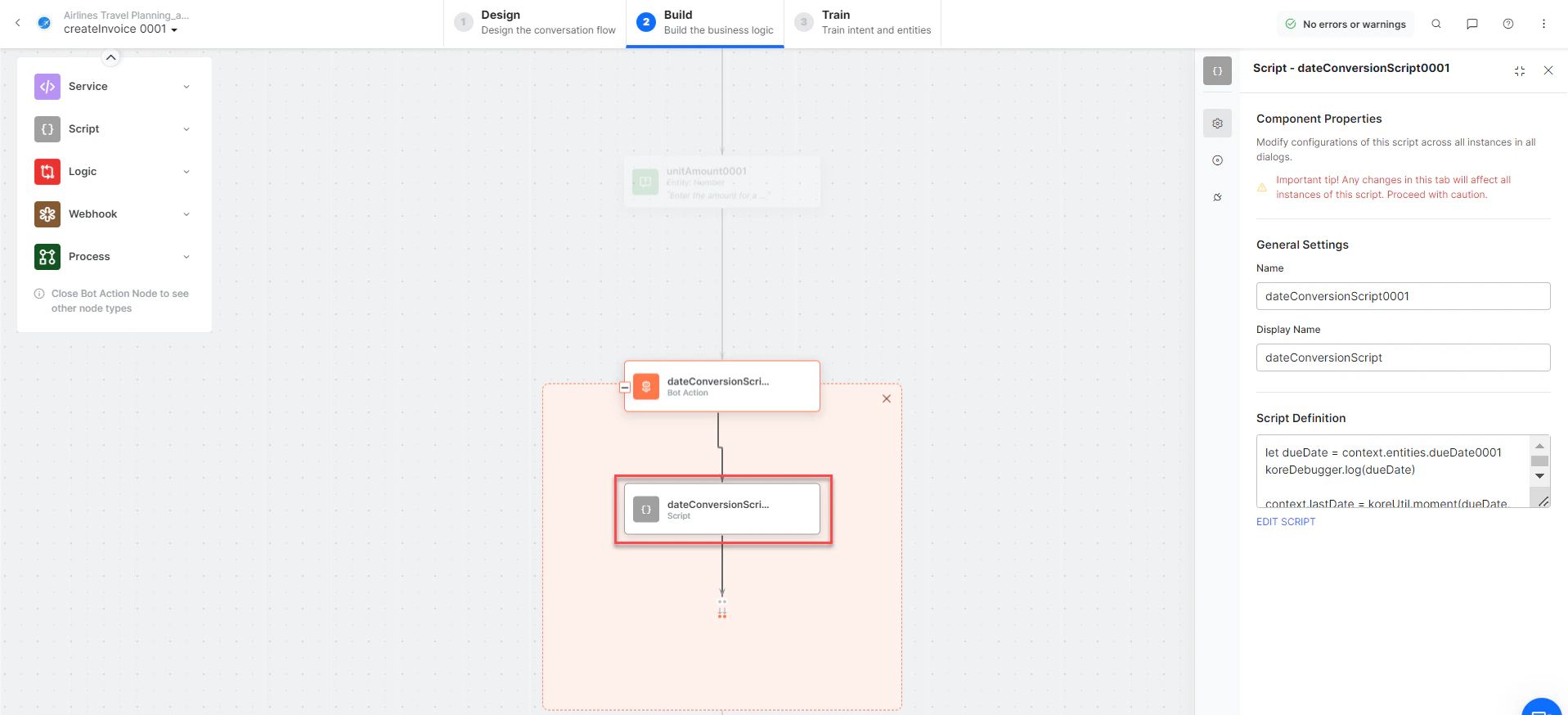 createInvoiceScript bot action component properties