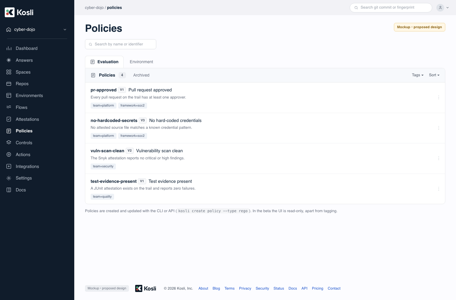 Policies catalog listing policies with their identifier, current version, and tags, with a search box and a tag filter
