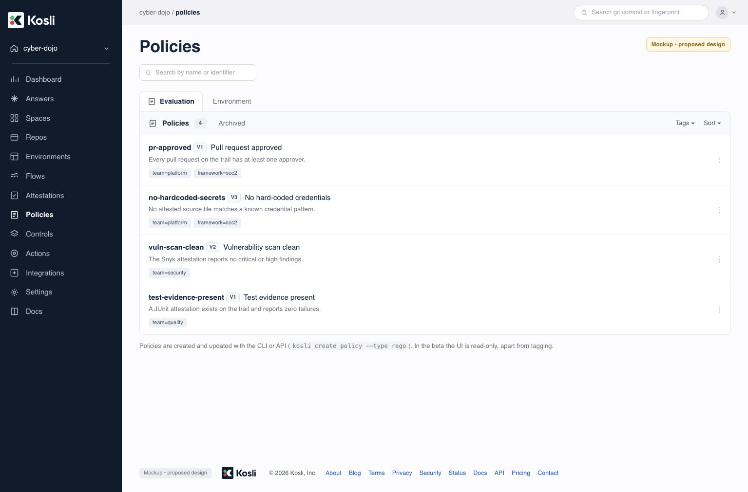 Policies catalog listing policies with their identifier, current version, and tags, with a search box and a tag filter