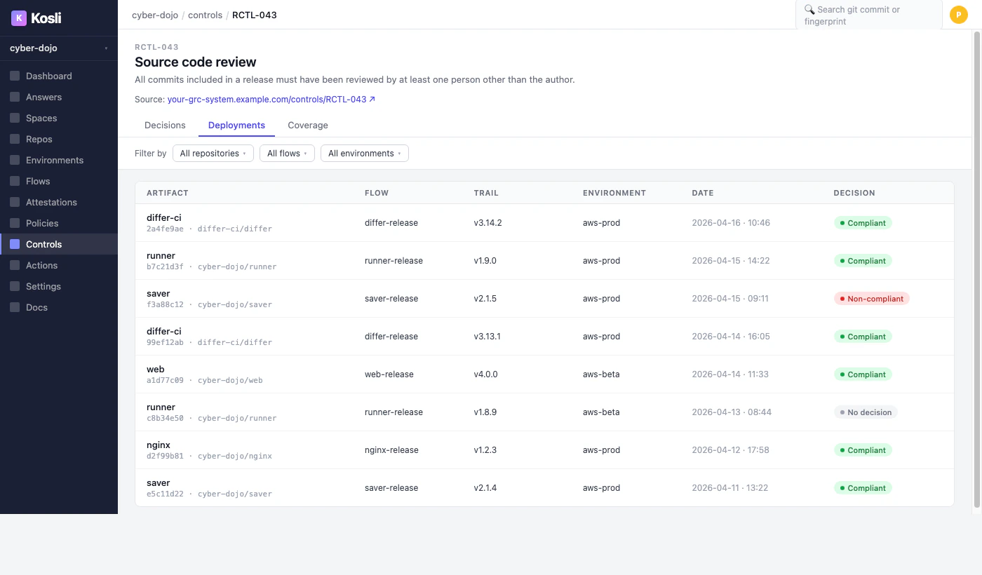 Deployments tab for RCTL-043 showing deployments with compliant and non-compliant decisions
