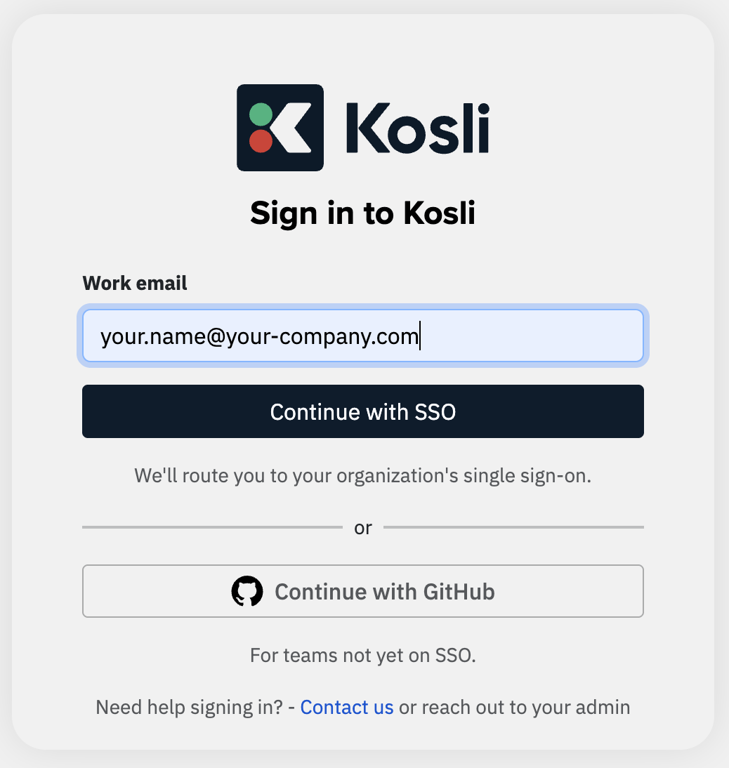 Kosli sign-in page with an email address entered and the Continue with SSO button