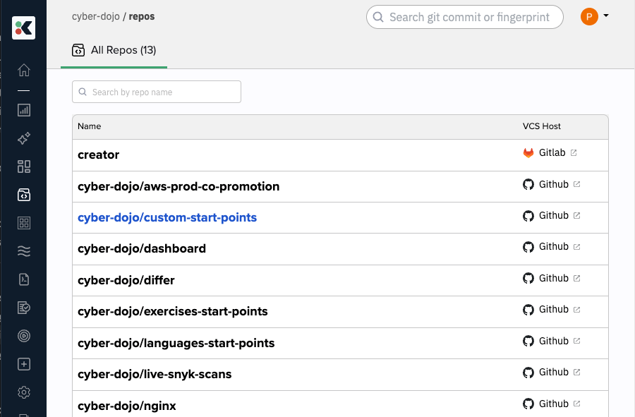 Kosli app showing the repositories list with repos from multiple VCS providers
