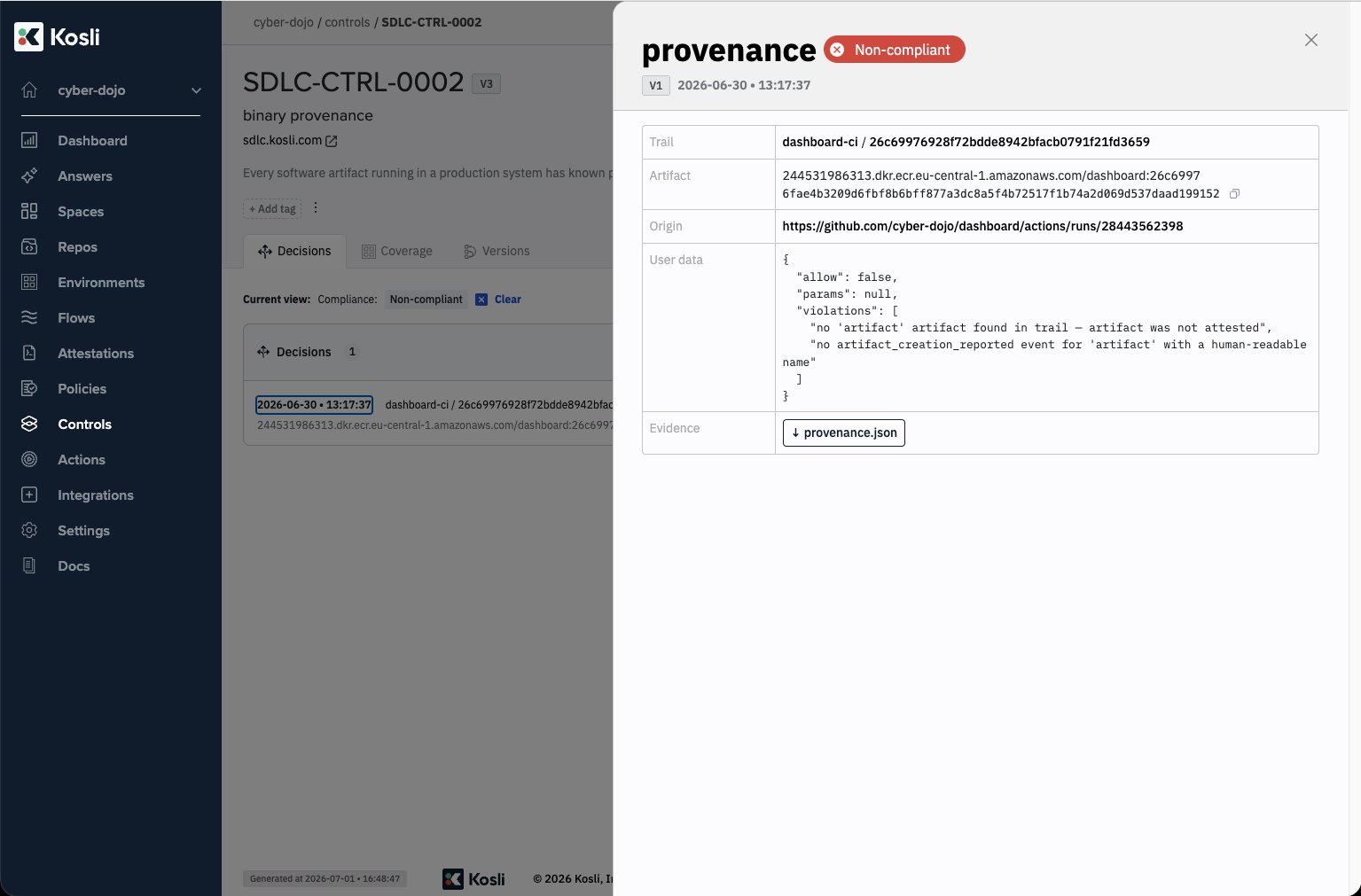 Decision detail tray showing the trail, artifact, origin URL, user-data, and attached evidence file for a decision