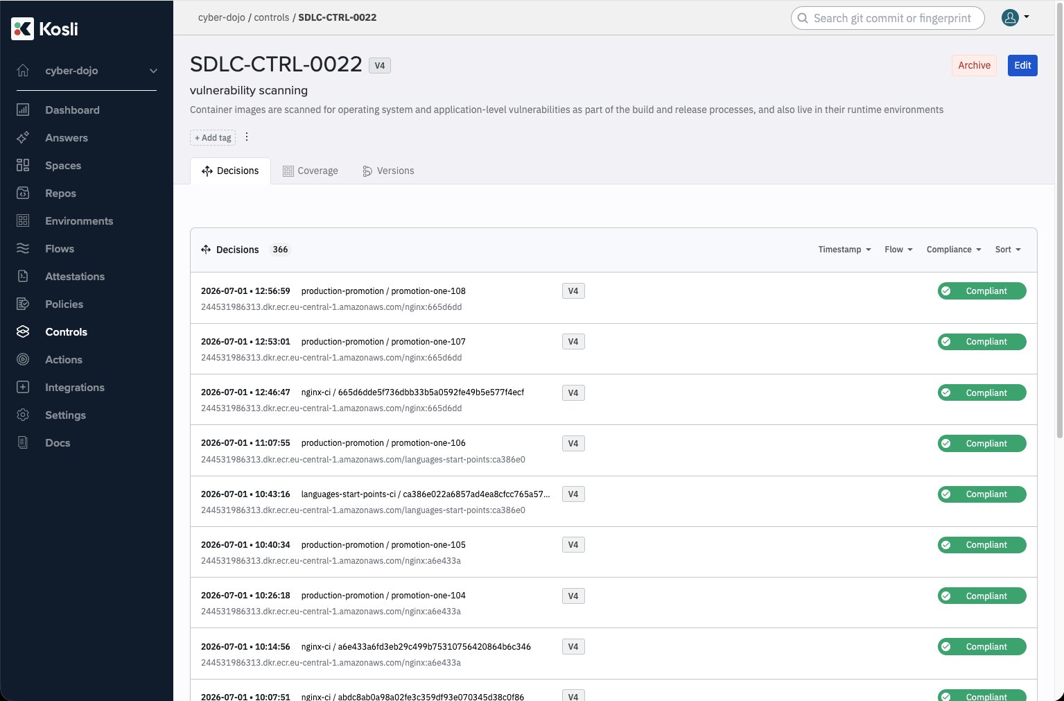 Decisions tab for a control showing decisions with timestamp, compliant/non-compliant outcome, trail, and artifact fingerprint