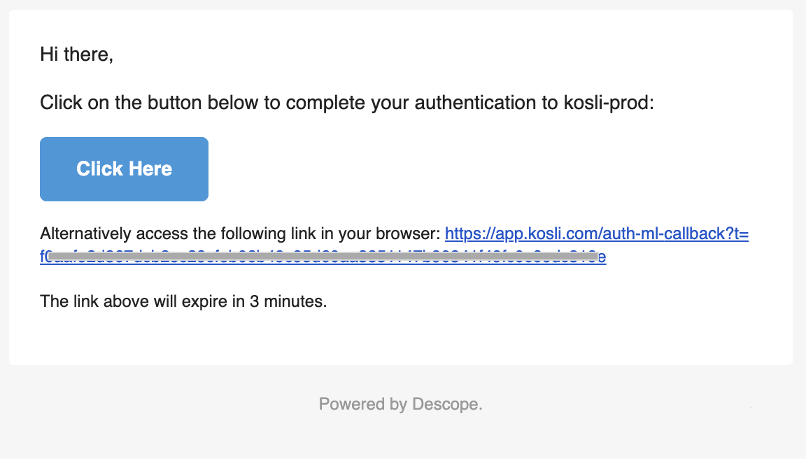 Magic link email from Kosli with a button to sign in