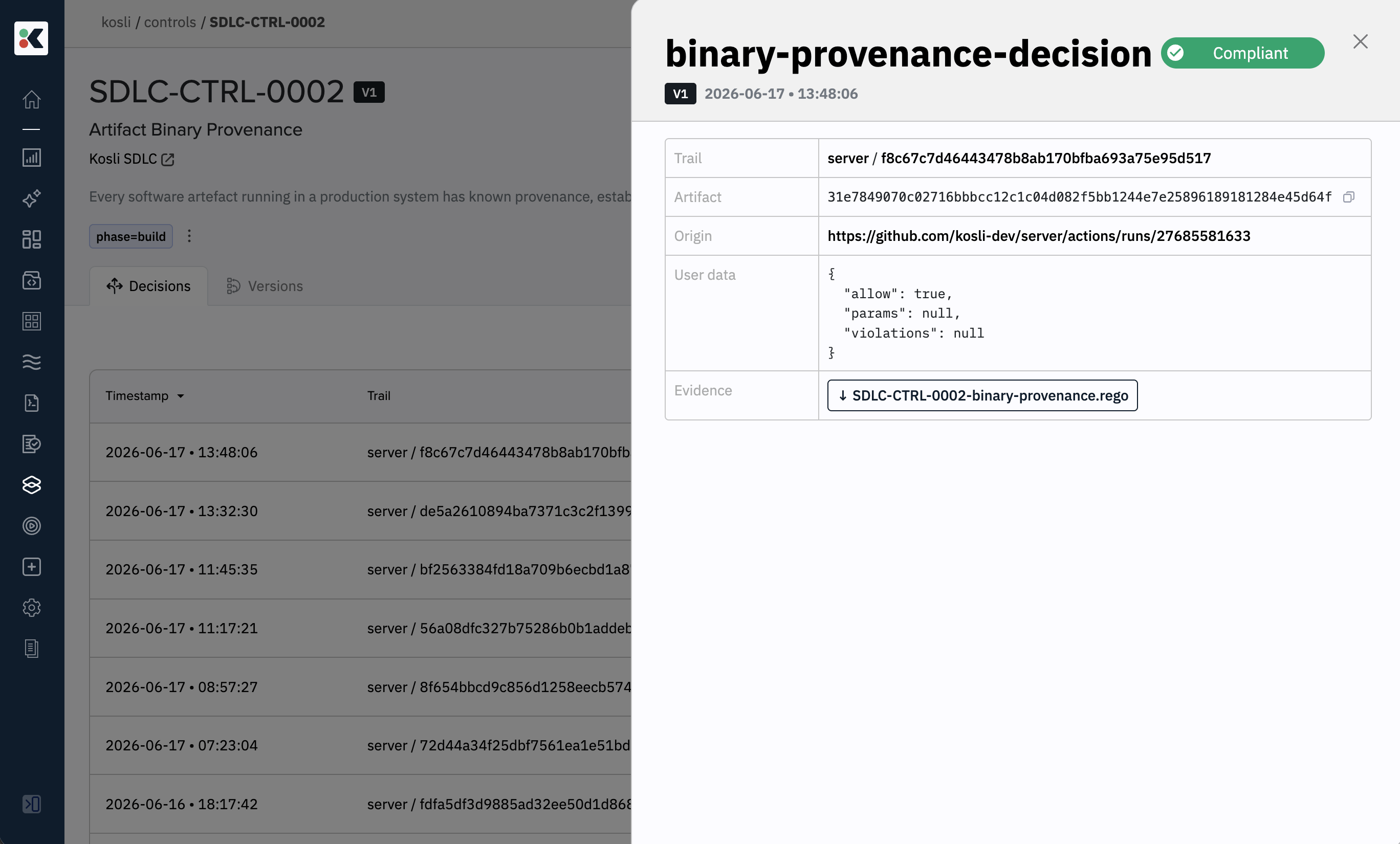 Decision detail tray showing the trail, artifact, origin URL, user-data, and attached evidence file for a compliant decision