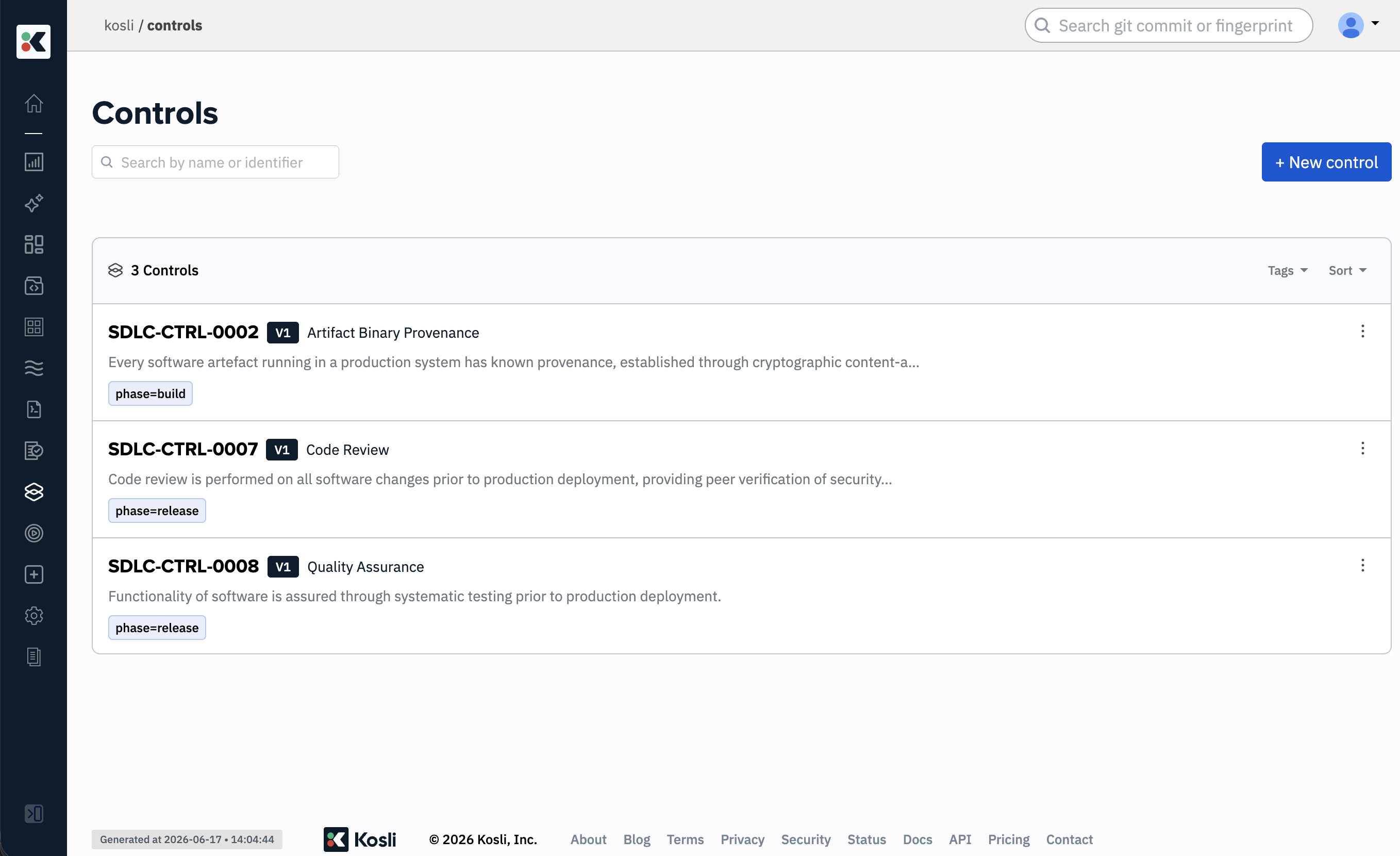 Controls catalog listing controls with their identifier, version, name, description, and tags, with a search box and tag-filter and sort controls