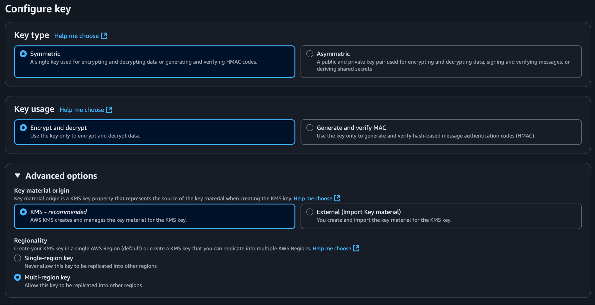 Configure key screen with Symmetric, Encrypt and decrypt, and Multi-region key selected