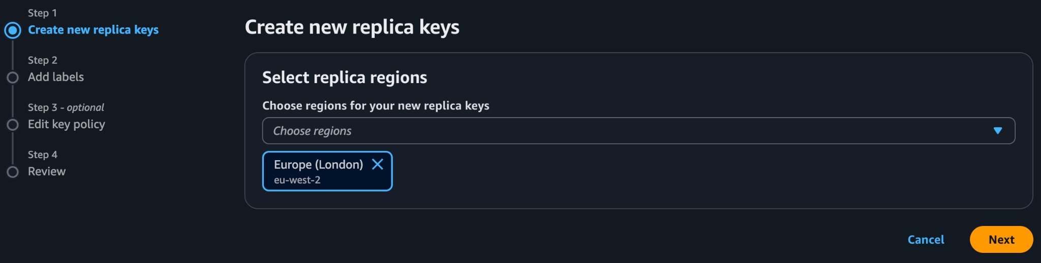 Create new replica keys with a secondary region selected