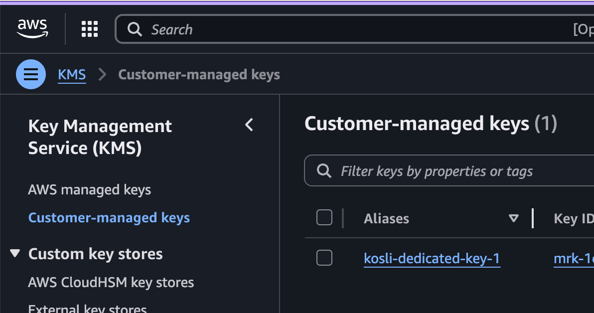 Customer-managed keys list in the KMS console