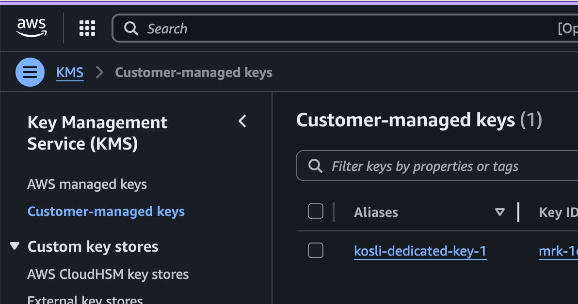 Customer-managed keys list in the KMS console