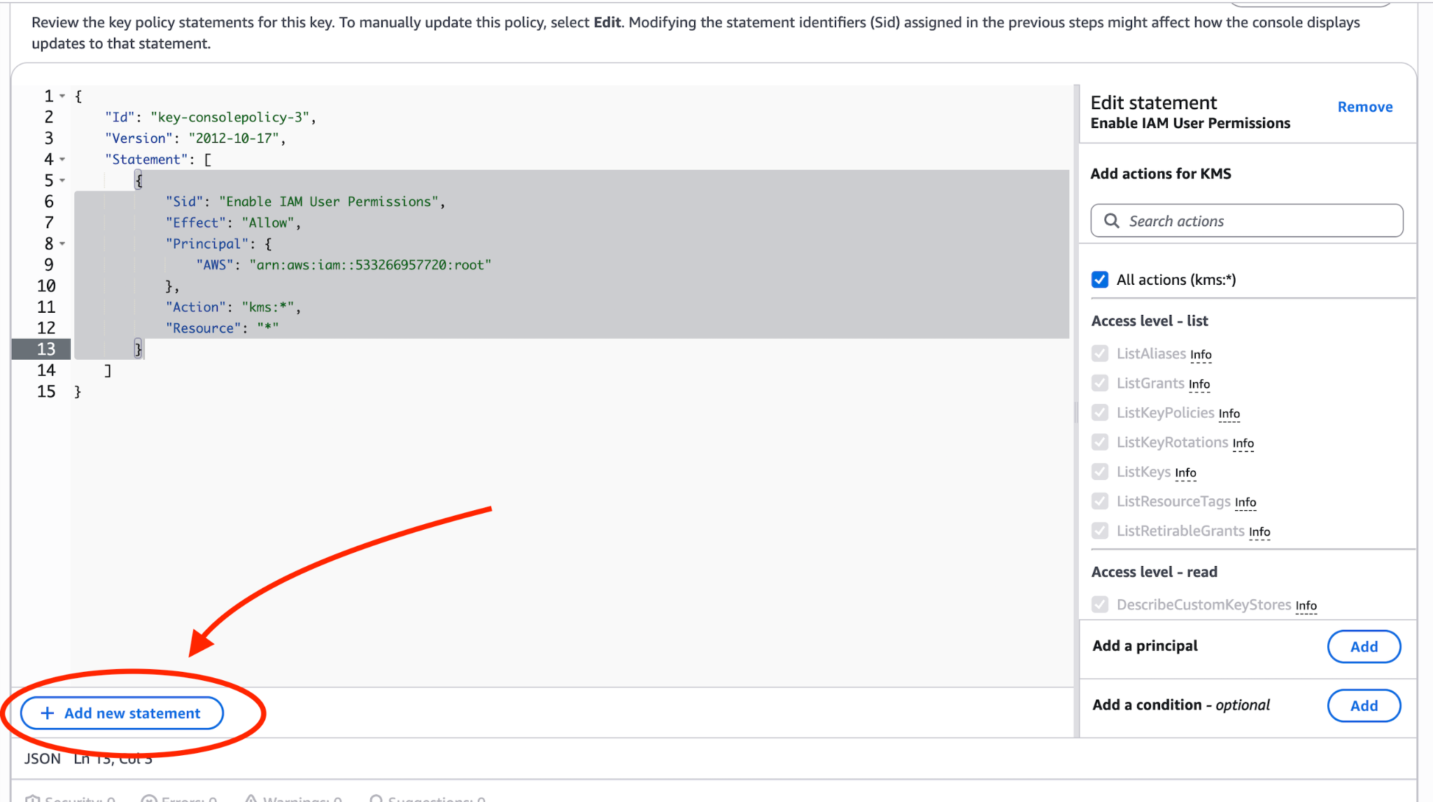 Edit key policy with the Add new statement button highlighted