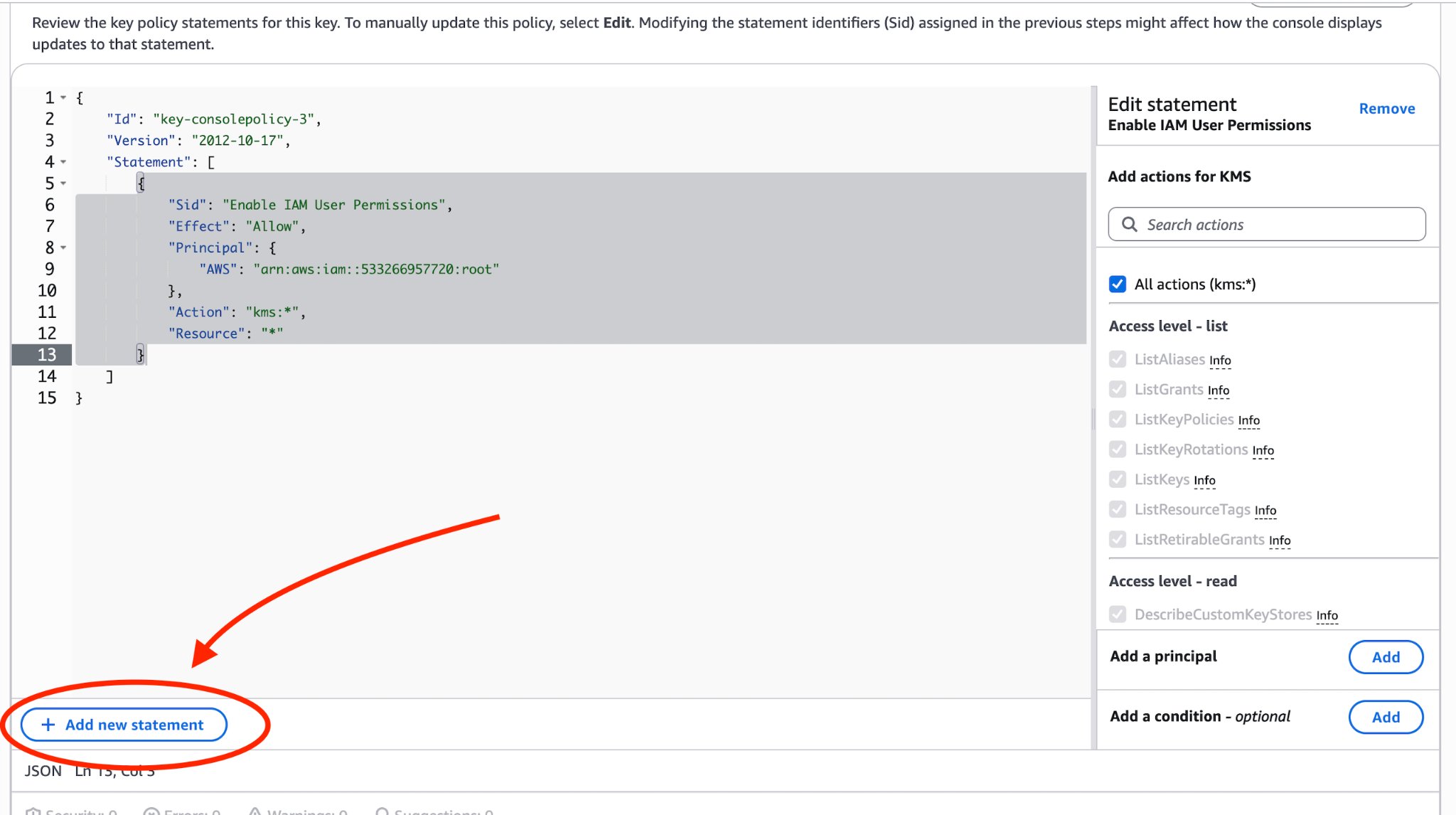 Edit key policy with the Add new statement button highlighted
