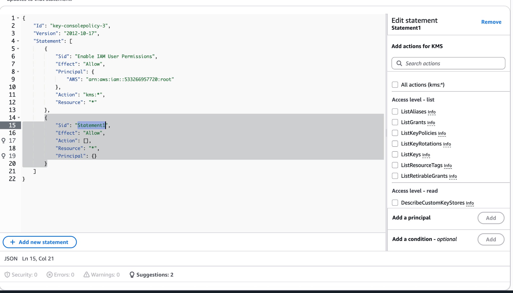 Edit key policy with the new Kosli-Dedicated statement pasted in