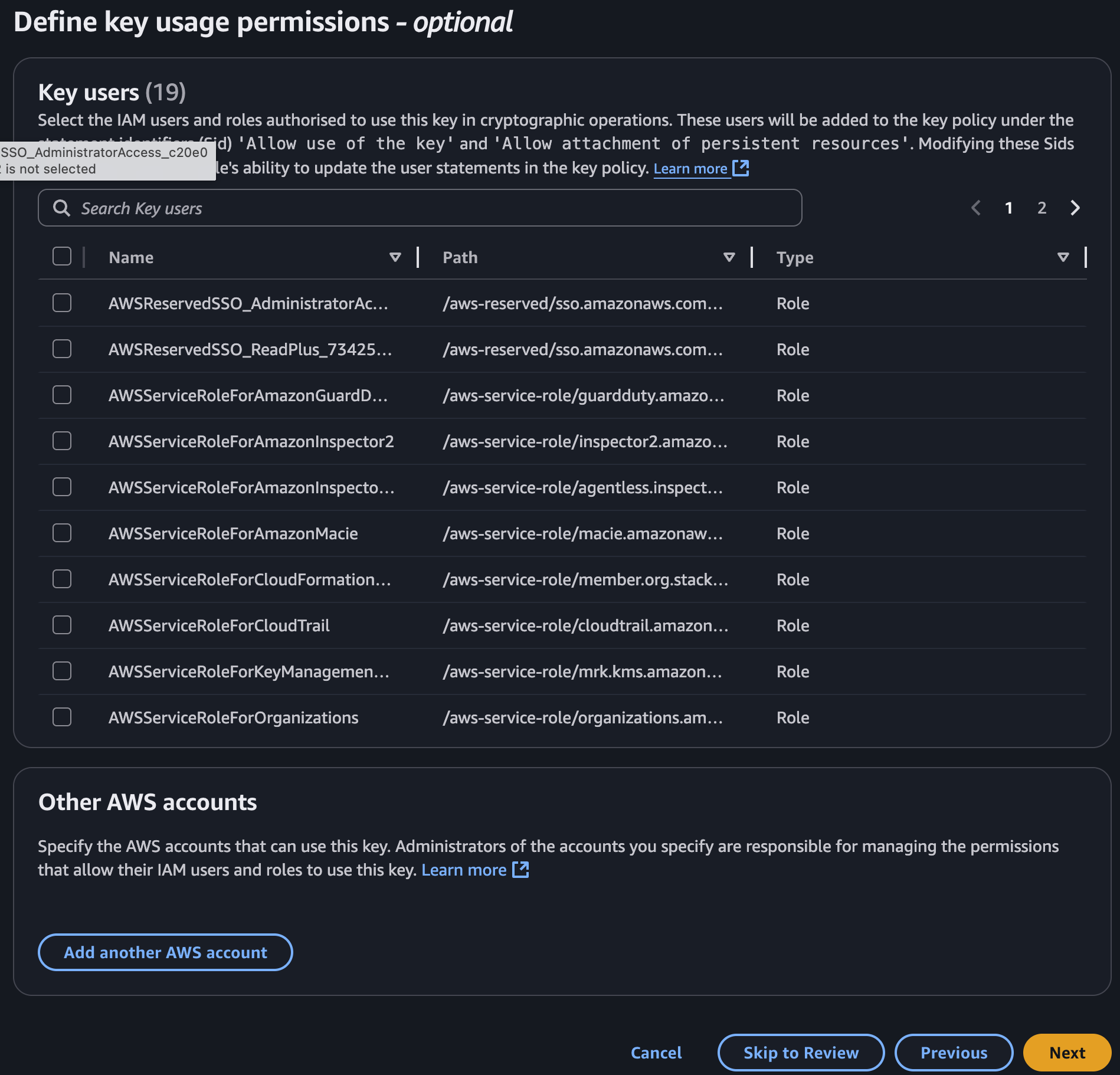 Define key usage permissions screen with no users or accounts selected