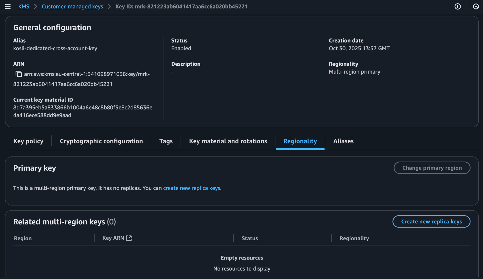 Key details page with the Regionality tab selected and no replicas listed