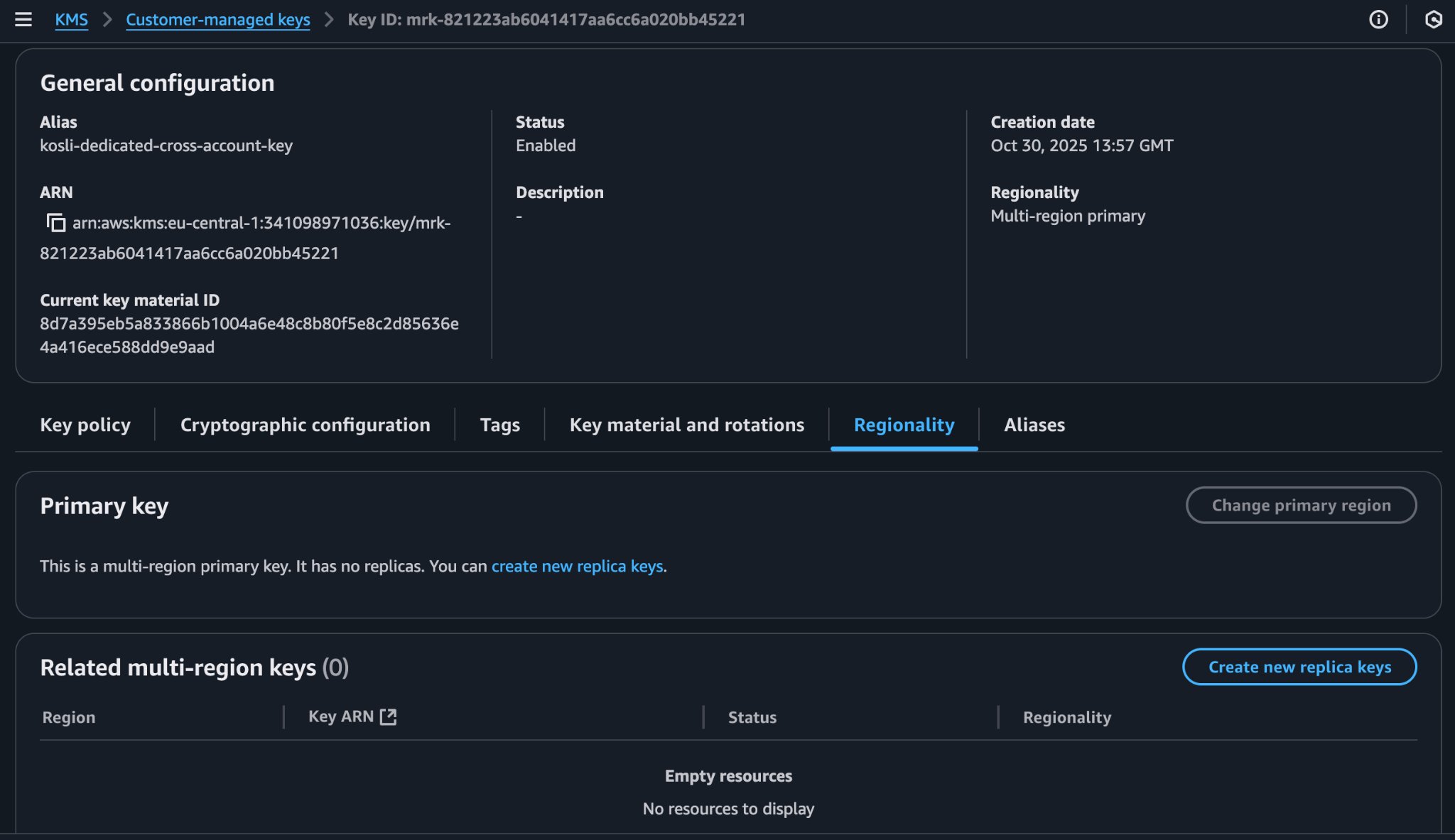 Key details page with the Regionality tab selected and no replicas listed