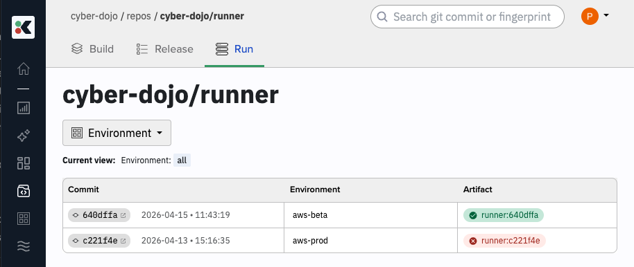 Kosli app showing the Run tab with live artifacts, their commits, environments, and compliance status