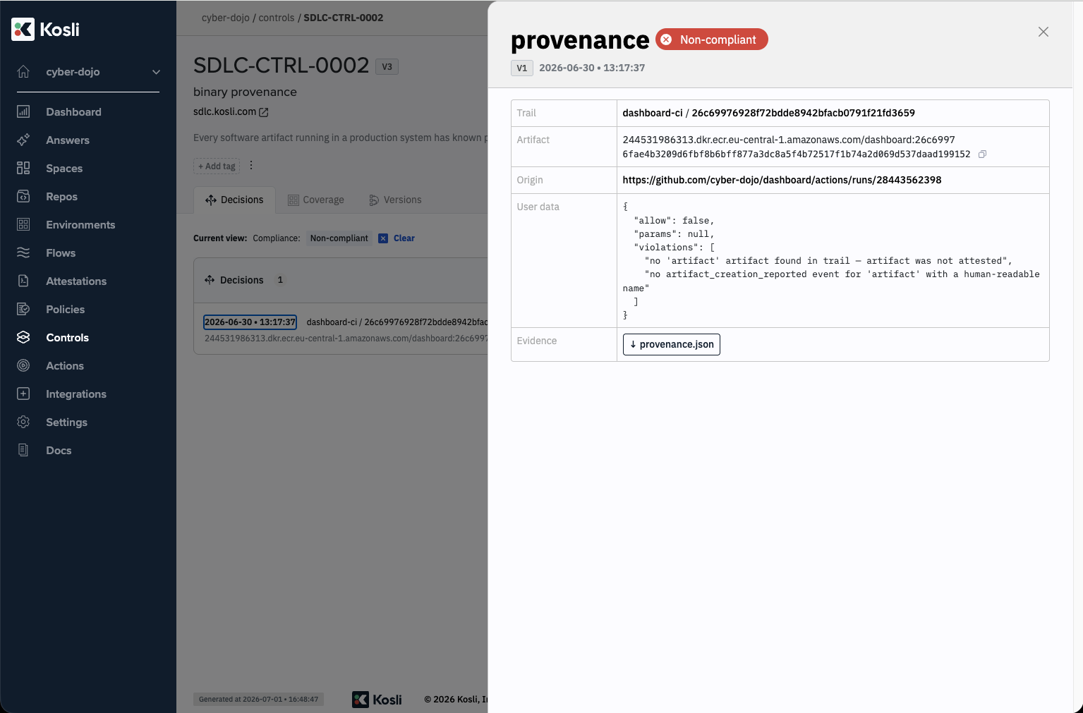 Decision detail tray showing the trail, artifact, origin URL, user-data, and attached evidence file for a decision