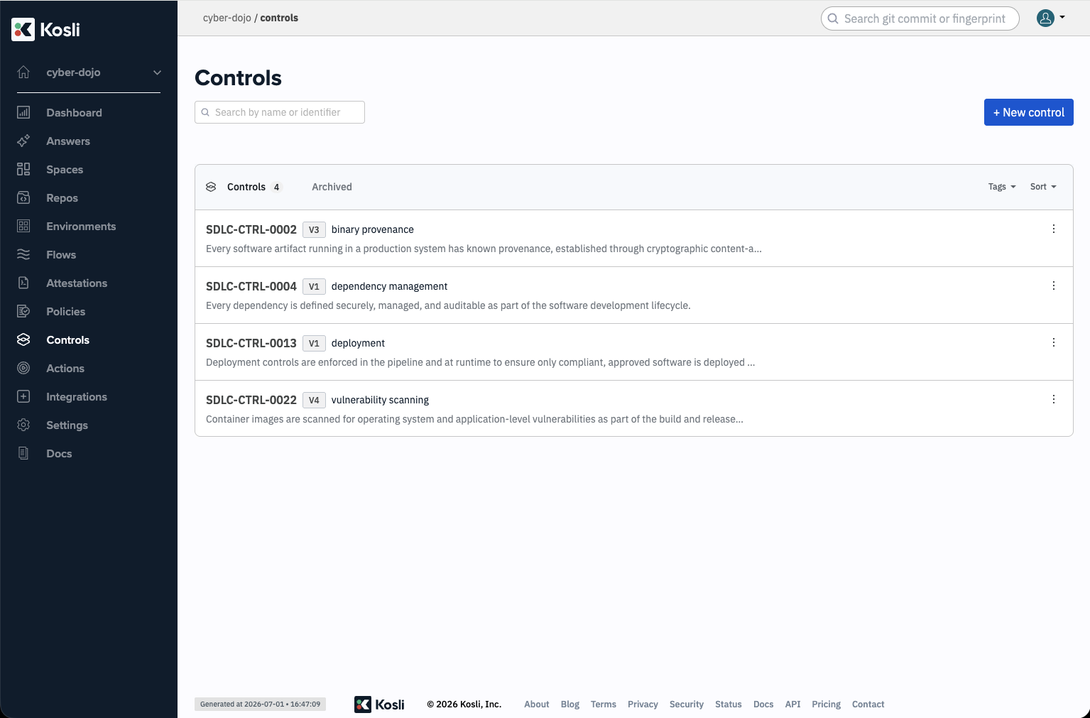 Controls catalog listing controls with their identifier, version, name, description, and tags, with a search box and tag-filter and sort controls