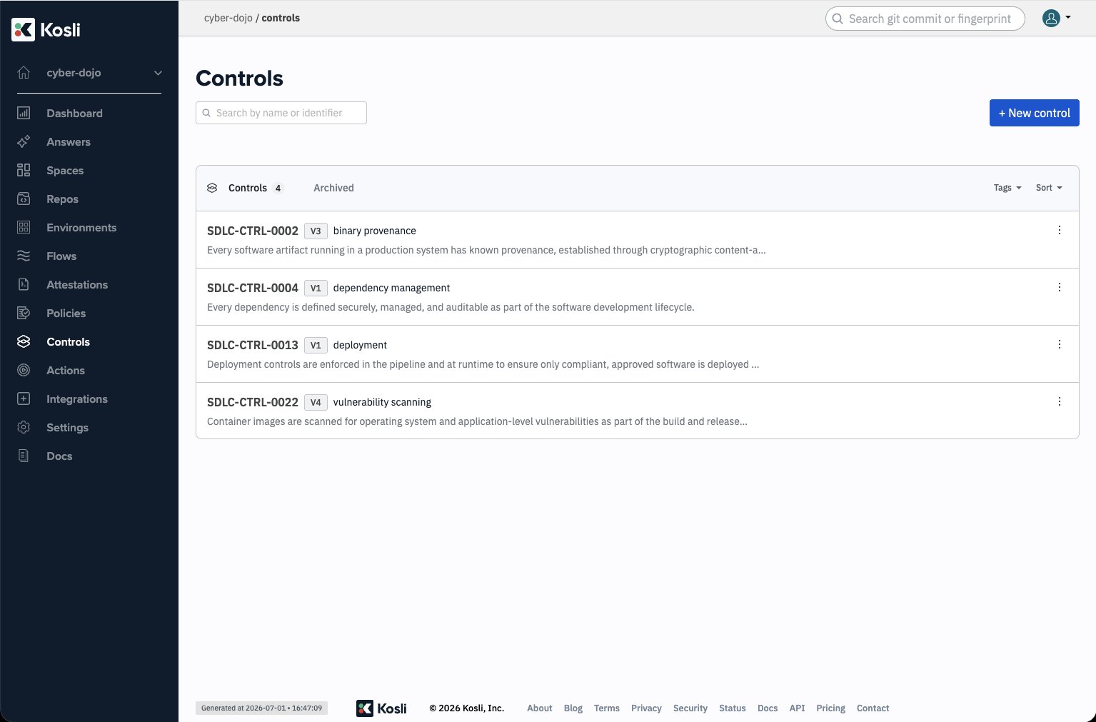 Controls catalog listing controls with their identifier, version, name, description, and tags, with a search box and tag-filter and sort controls