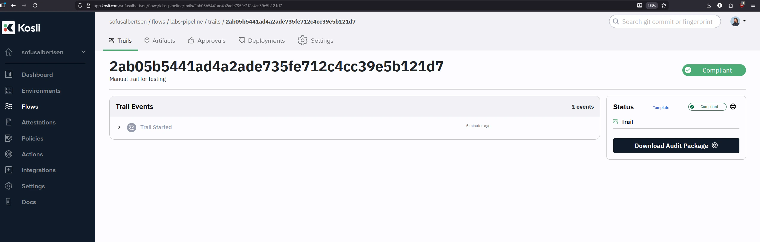 Kosli web interface showing the first trail under labs-pipeline