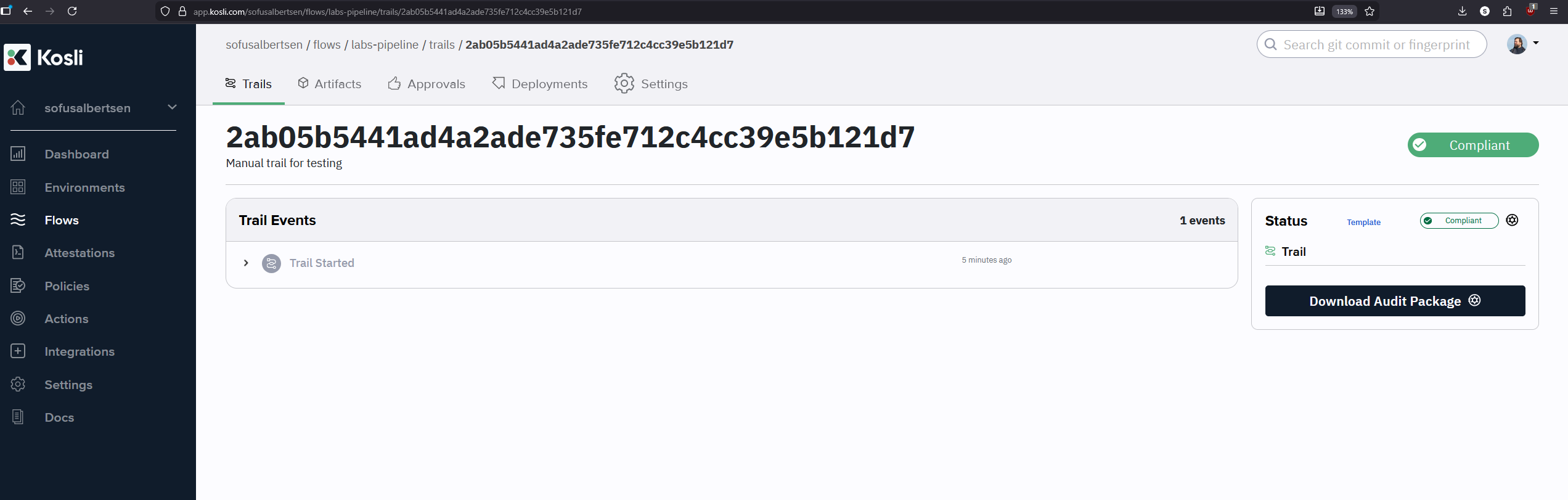 Kosli web interface showing the first trail under labs-pipeline