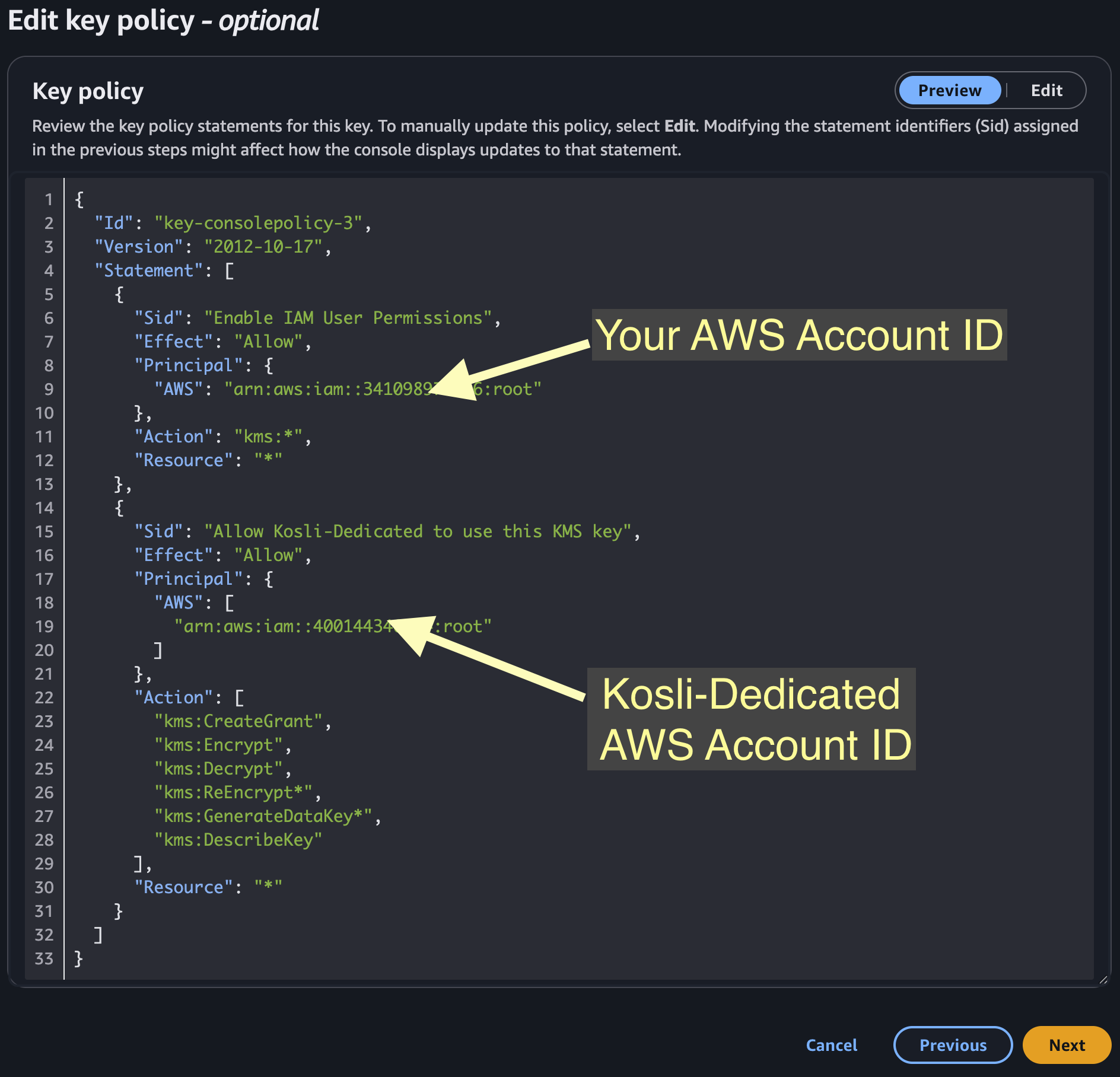 Key policy preview showing your AWS account ID and the Kosli-Dedicated AWS account ID