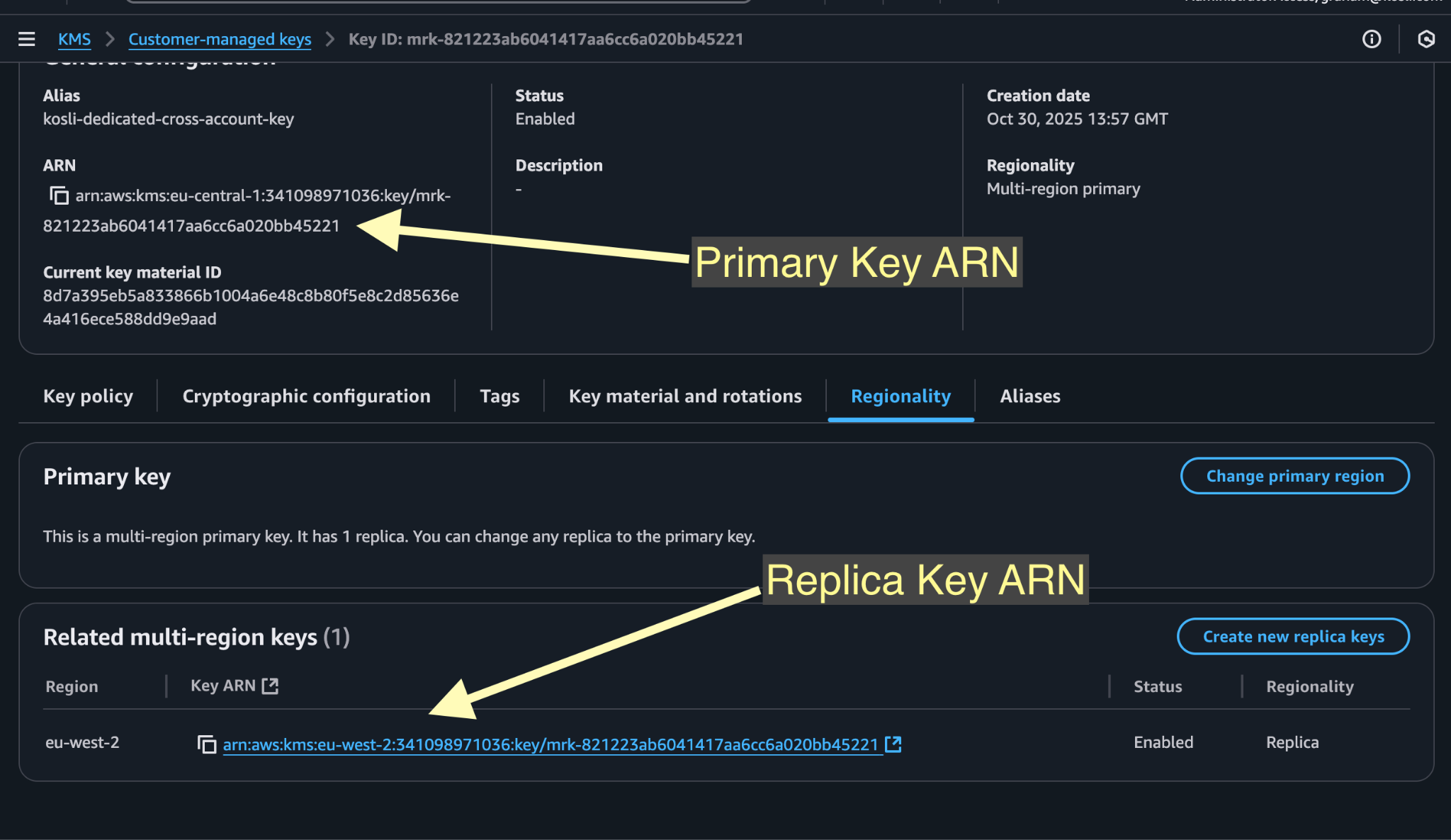 Primary key details page with the primary and replica ARNs highlighted