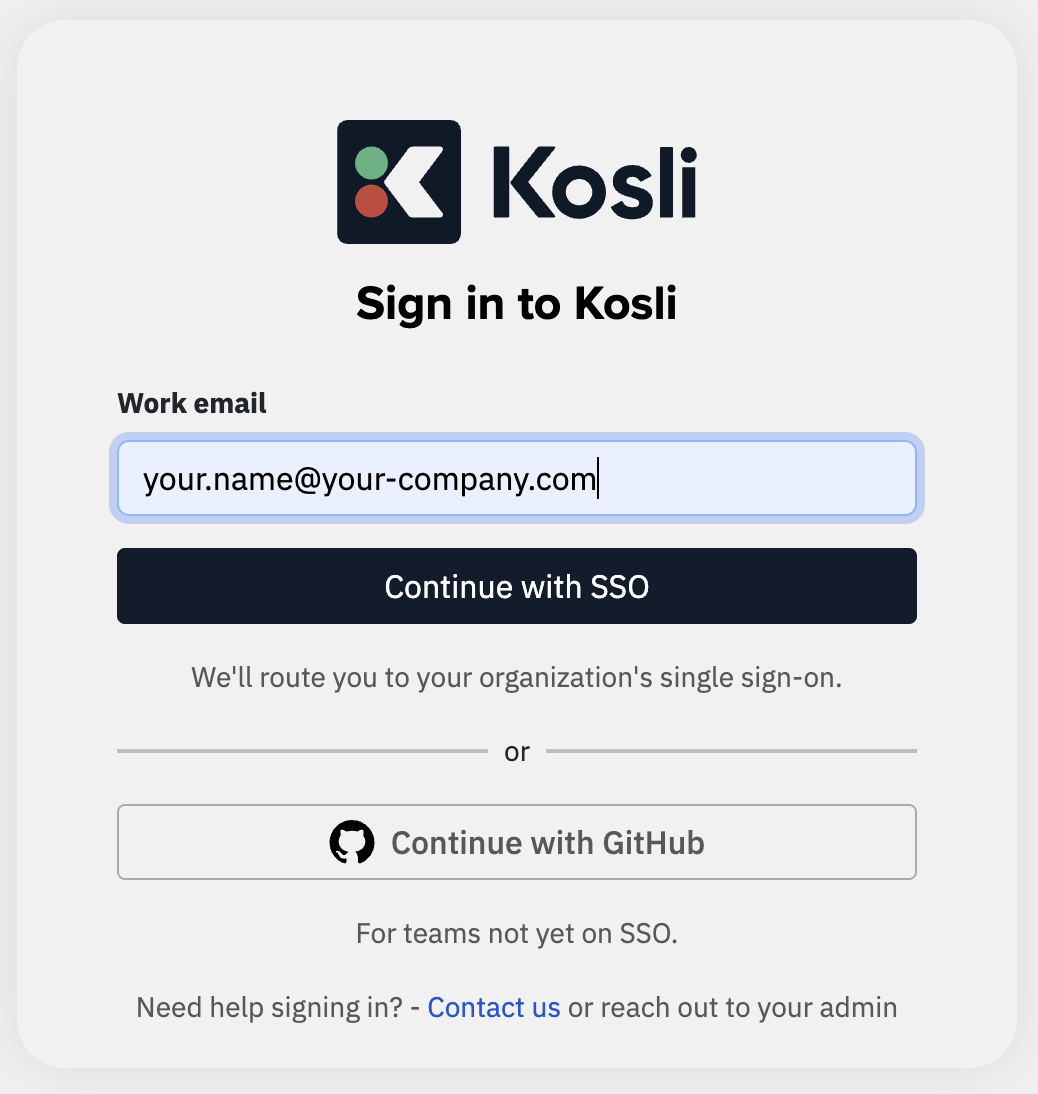 Kosli sign-in page with an email address entered and the Continue with SSO button