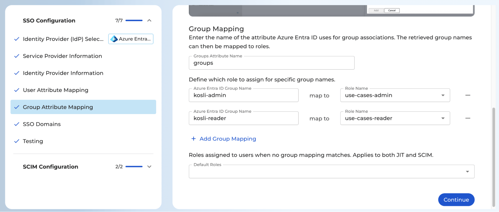 Section in the SSO Setup Suite Wizard showing how to configure mapping of IdP groups to Kosli roles