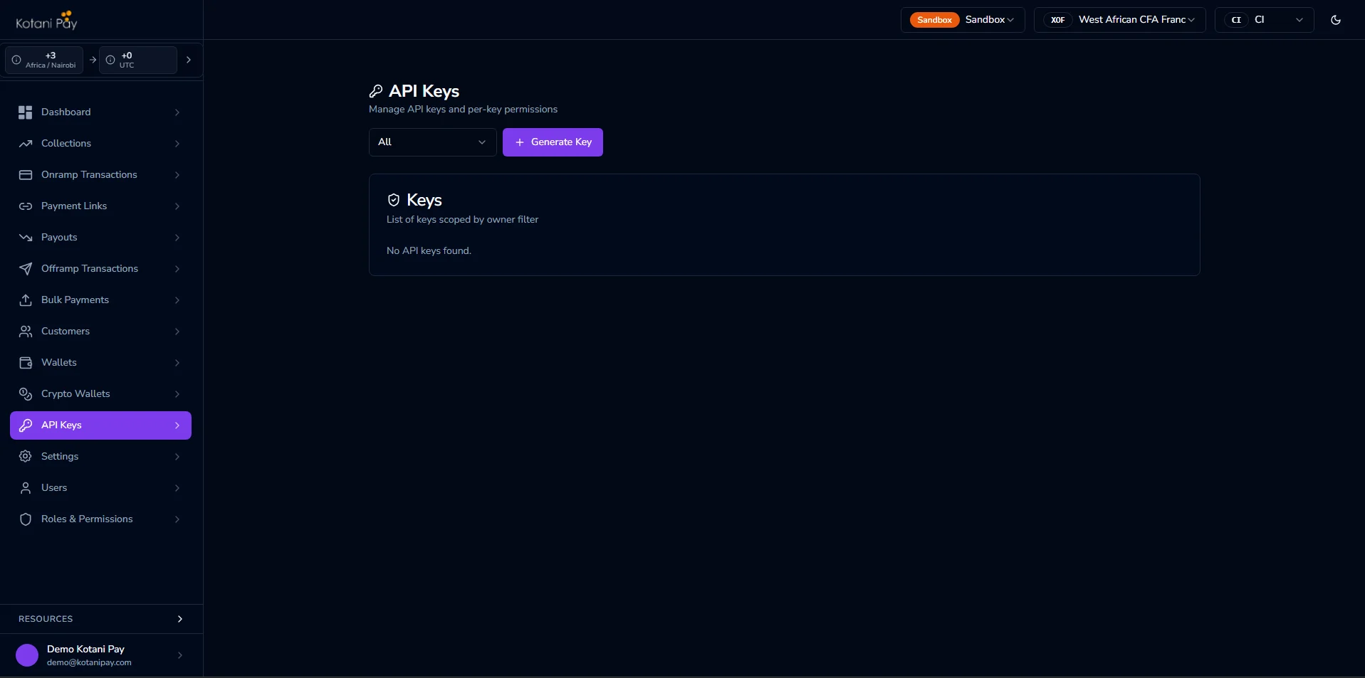 API Keys section in the dashboard