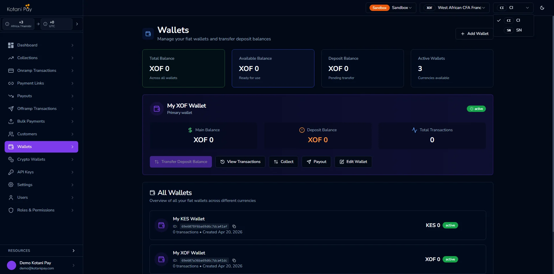 Country and currency selector in the top-right corner of the dashboard