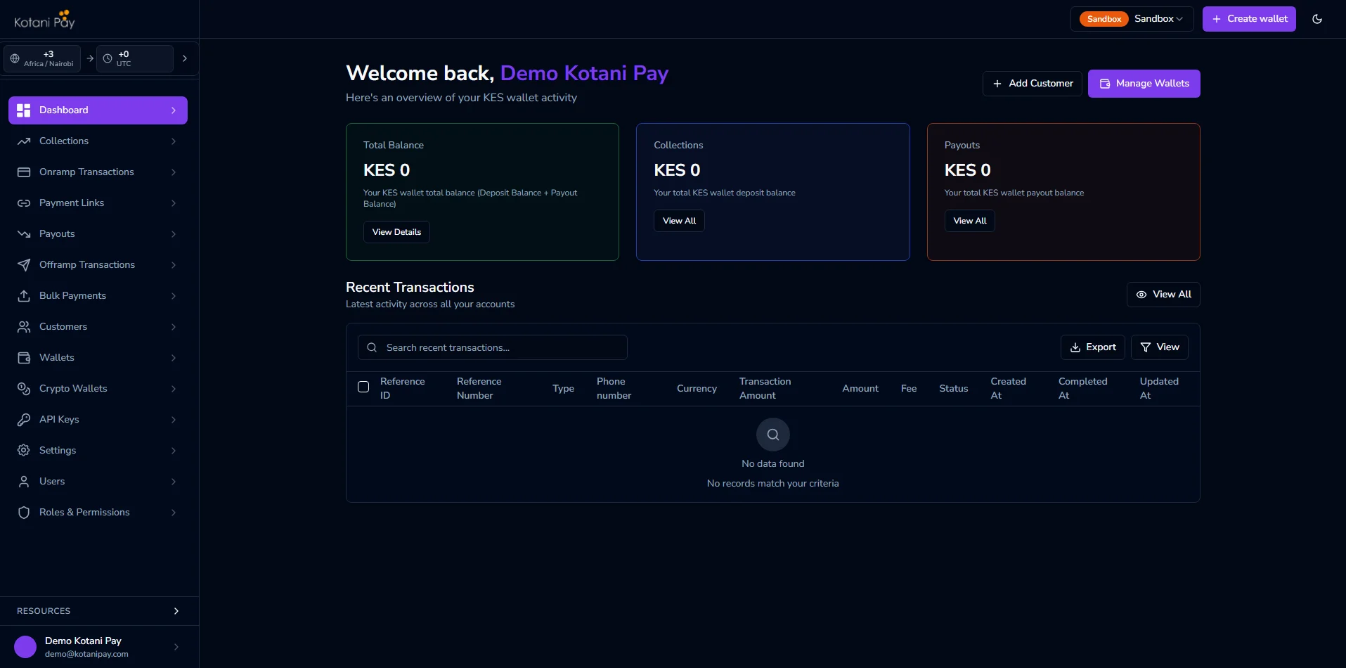 Dashboard home with left sidebar navigation