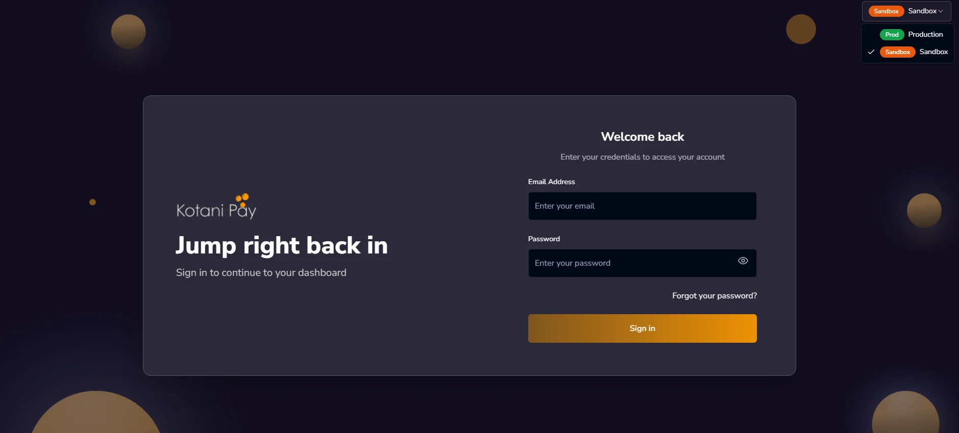 Environment selector in the top right of the dashboard