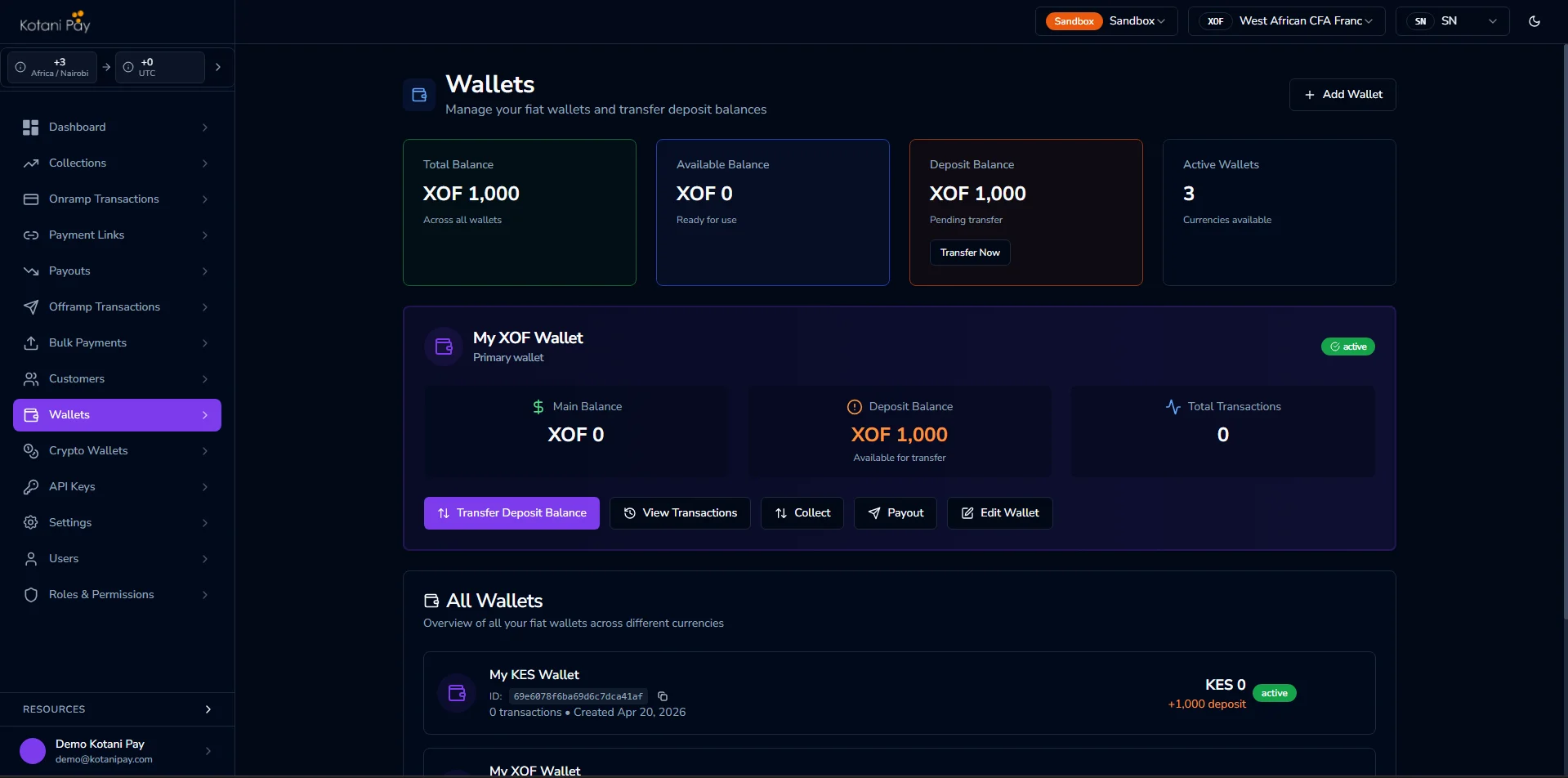 Transfer Deposit Balance button on fiat wallet card